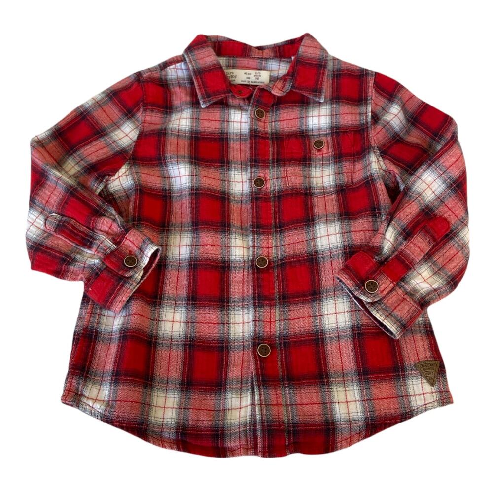 Zara Boys Shirt Size 2 3 Years Red Blue White Plaid Button Up Front Long Sleeve